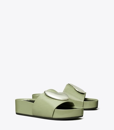 Tory Burch designer sandals Patos Platform Slide in LIGHT JADE / SILVER angle