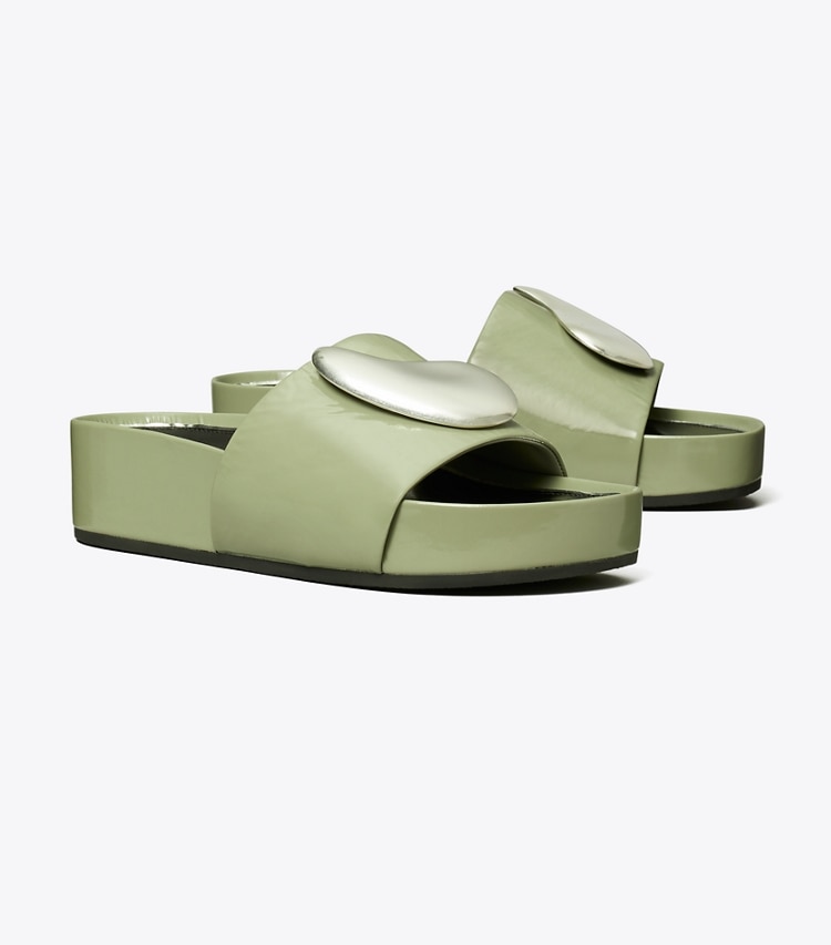 Tory Burch designer sandals Patos Platform Slide in LIGHT JADE / SILVER angle