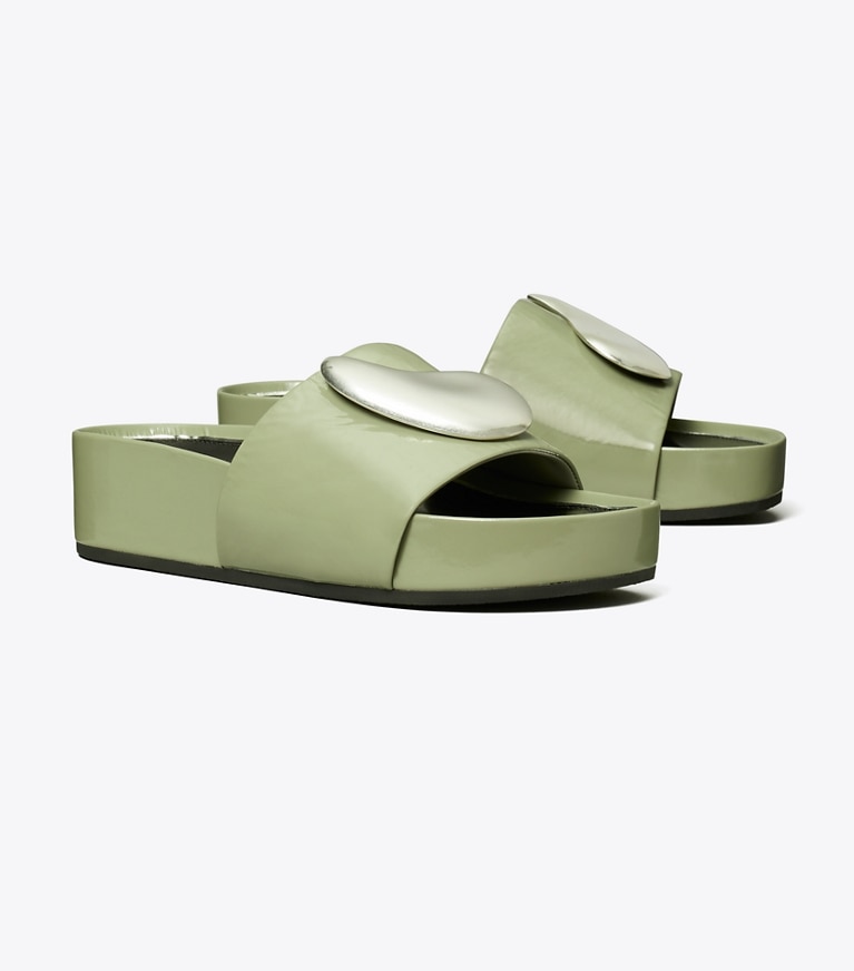 Tory Burch designer sandals Patos Platform Slide in LIGHT JADE / SILVER angle