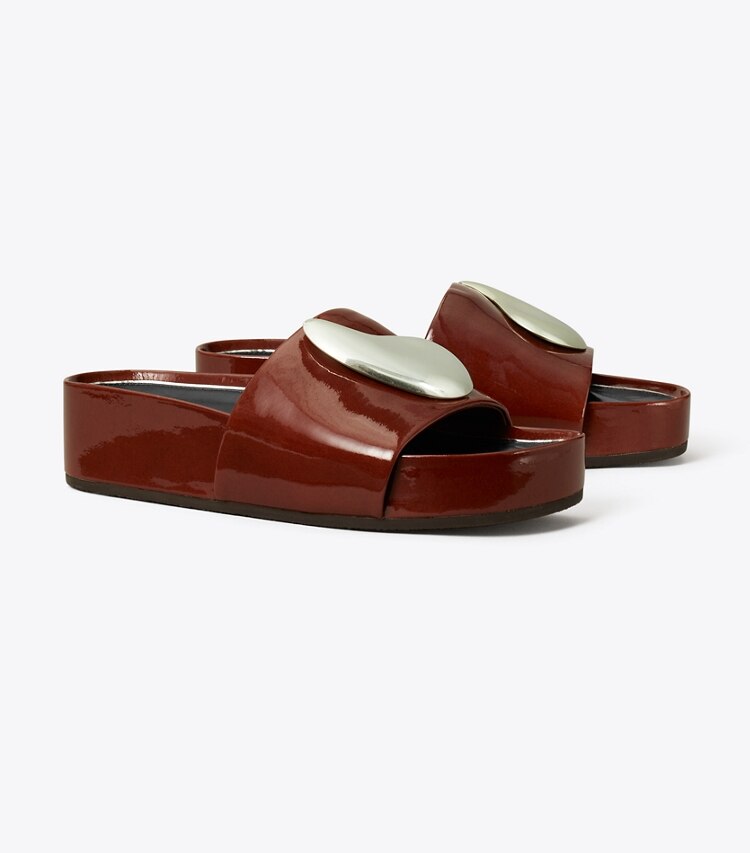 Tory Burch designer sandals Patos Platform Slide in RUSSET BROWN / SILVER angle