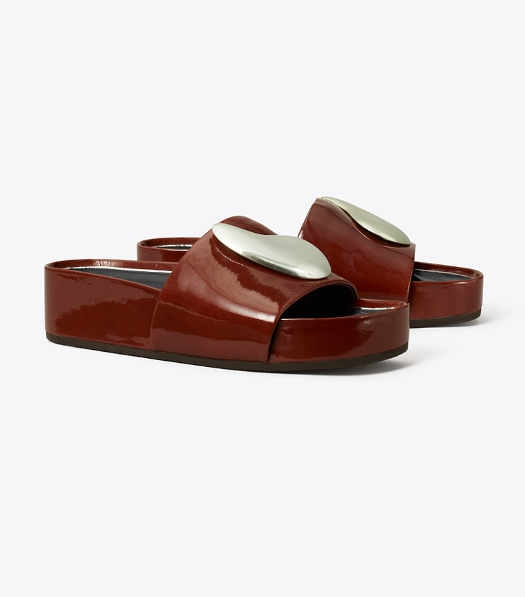 Tory Burch designer sandals Patos Platform Slide in RUSSET BROWN / SILVER angle