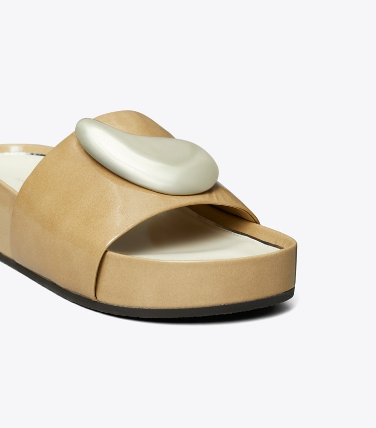 Tory Burch designer sandals Patos Platform Slide in CHATEAU GRAY / SILVER detail