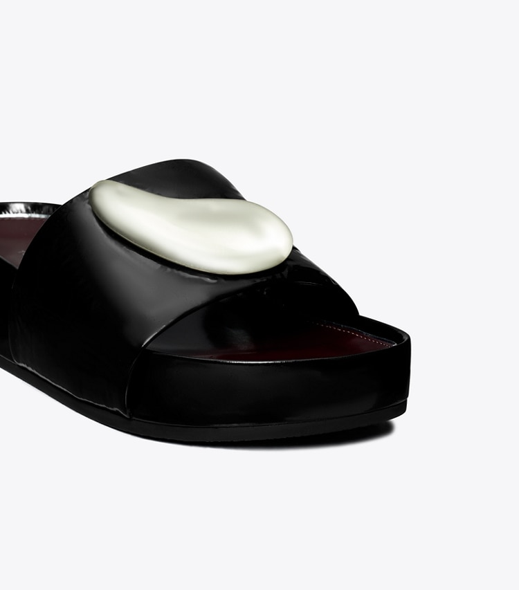 Tory Burch designer sandals Patos Platform Slide in PERFECT BLACK / SILVER detail