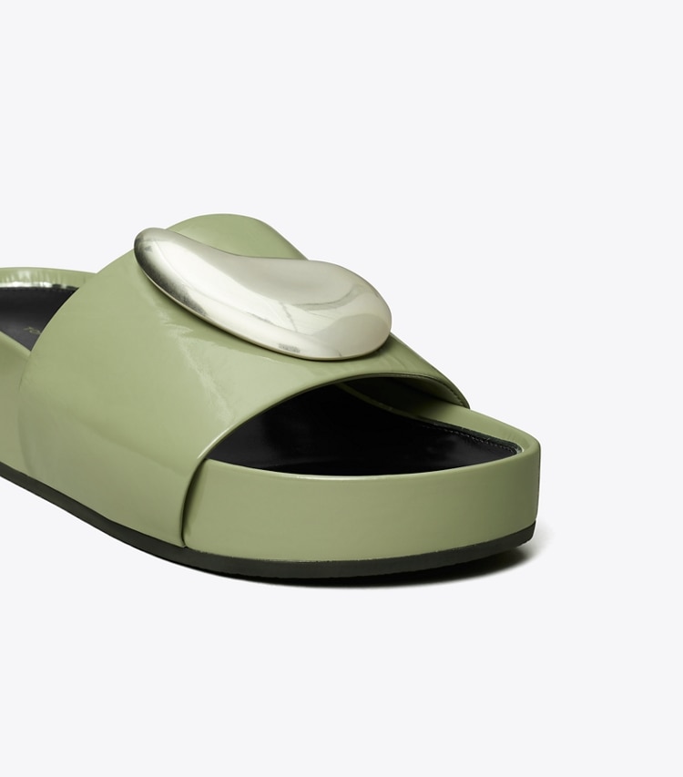 Tory Burch designer sandals Patos Platform Slide in LIGHT JADE / SILVER detail