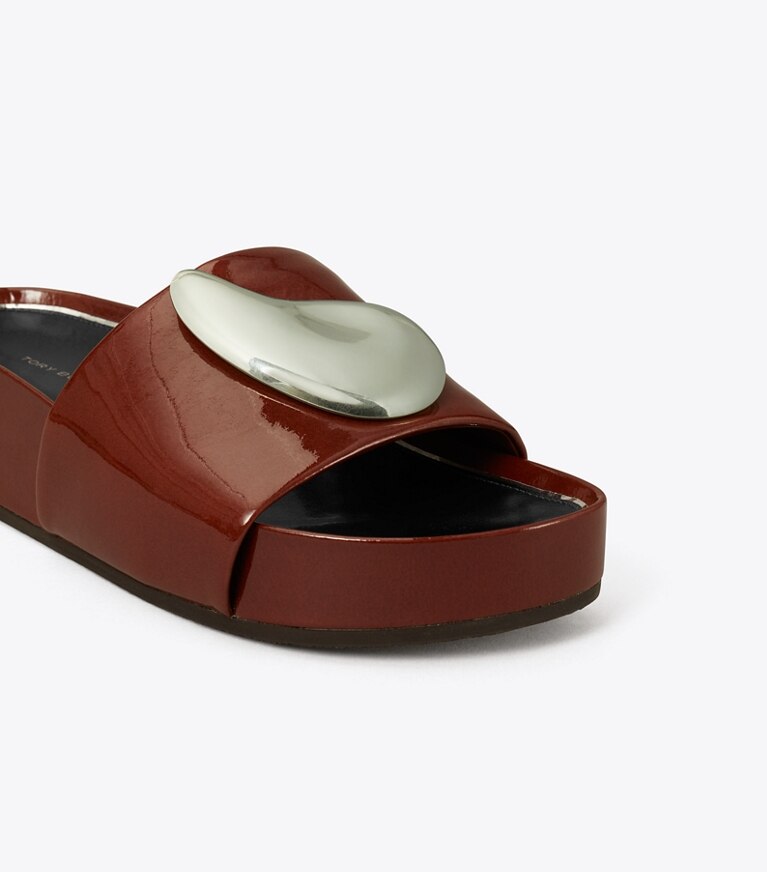 Tory Burch designer sandals Patos Platform Slide in RUSSET BROWN / SILVER detail