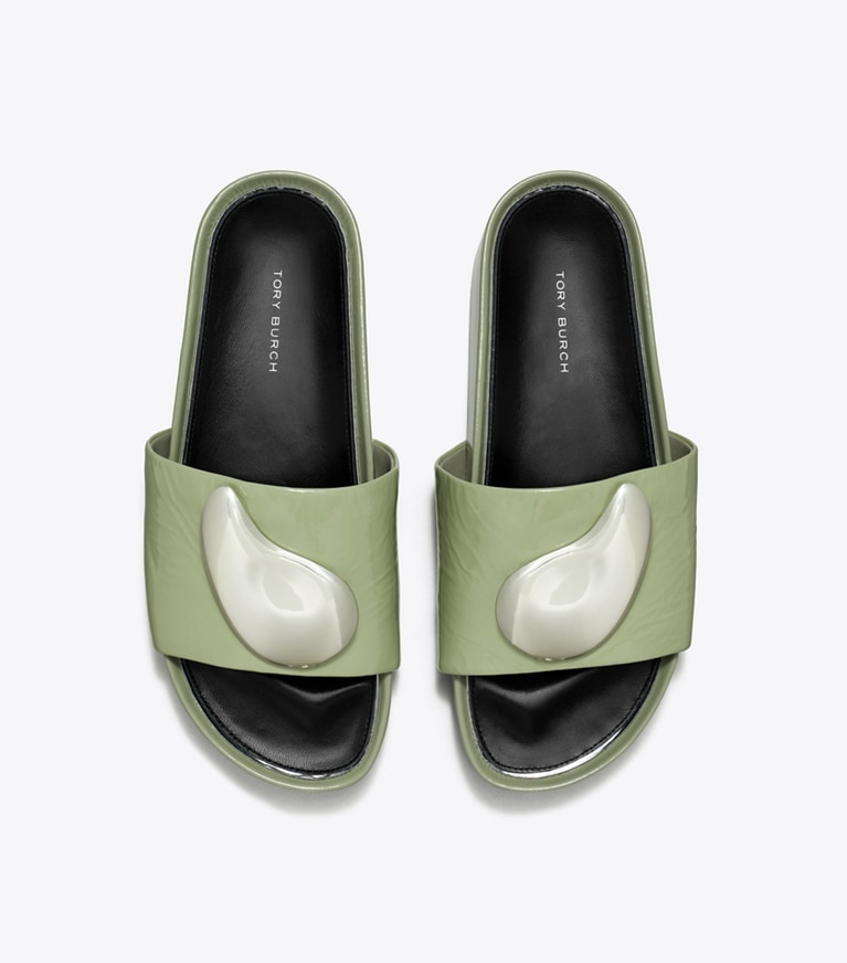 Tory Burch designer sandals Patos Platform Slide in LIGHT JADE / SILVER angle