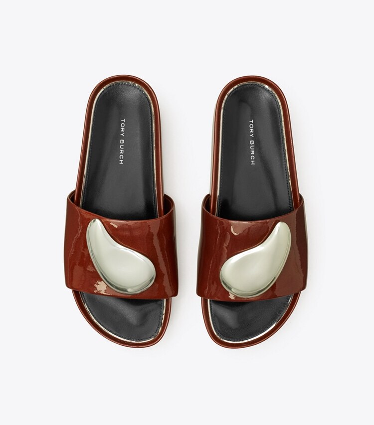 Tory Burch designer sandals Patos Platform Slide in RUSSET BROWN / SILVER overhead