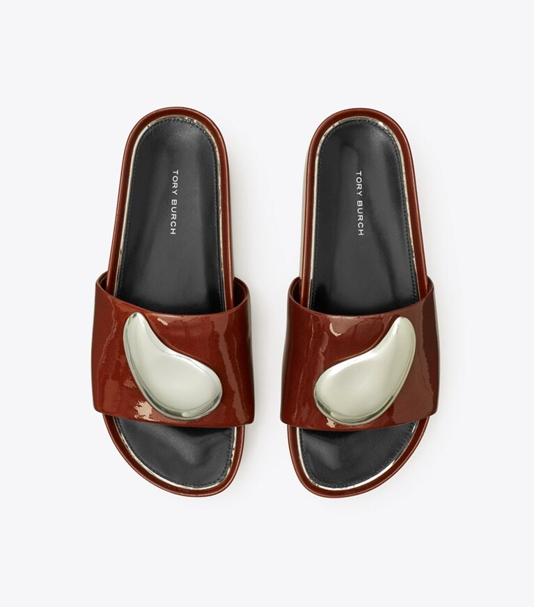 Tory Burch designer sandals Patos Platform Slide in RUSSET BROWN / SILVER overhead