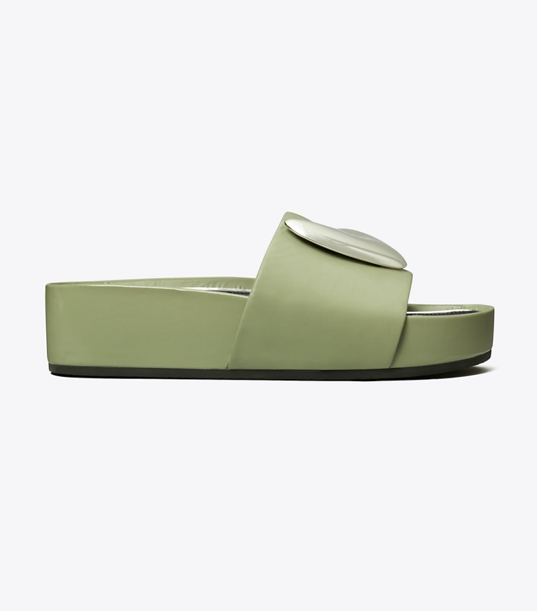 Tory Burch designer sandals Patos Platform Slide in LIGHT JADE / SILVER angle