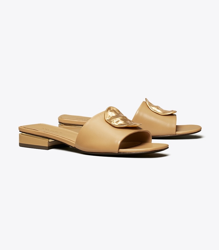 Tory Burch designer sandals Patos Slide in GINGER SHORTBREAD / GOLD / GOLD angle