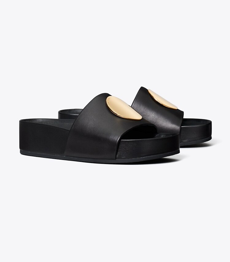 Tory Burch designer sandals Patos Slide in PERFECT BLACK / PERFECT BLACK angle