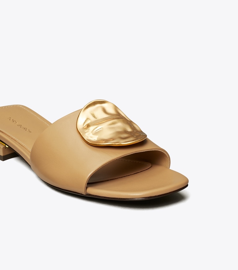 Tory Burch designer sandals Patos Slide in GINGER SHORTBREAD / GOLD / GOLD angle