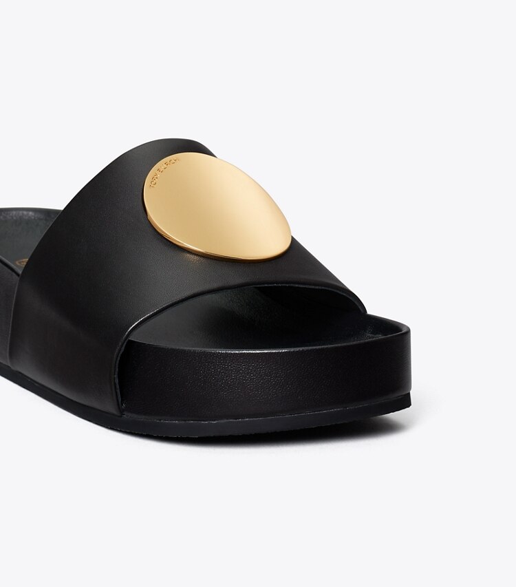 Tory Burch designer sandals Patos Slide in PERFECT BLACK / PERFECT BLACK detail