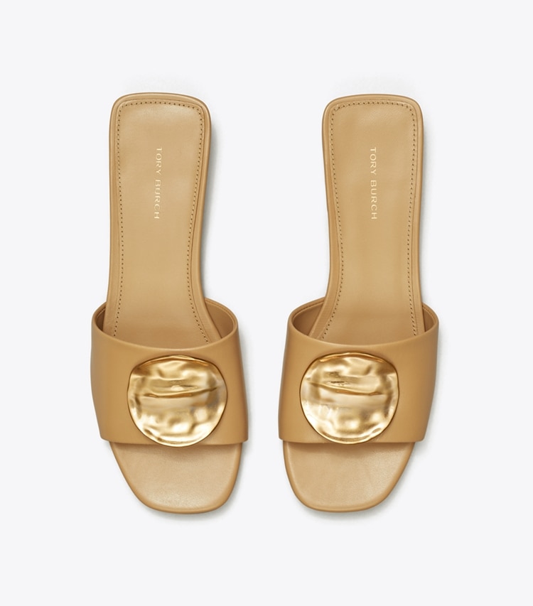 Tory Burch designer sandals Patos Slide in GINGER SHORTBREAD / GOLD / GOLD overhead