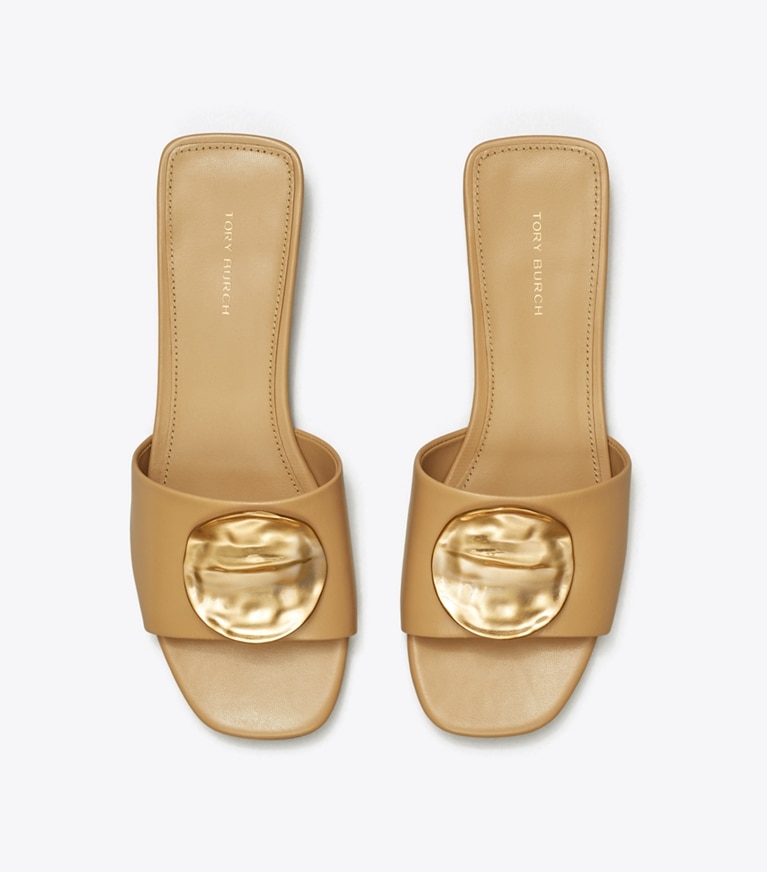 Tory Burch designer sandals Patos Slide in GINGER SHORTBREAD / GOLD / GOLD angle