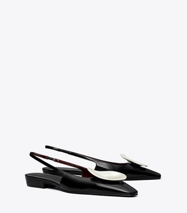 Tory Burch designer flats Patos Slingback in PERFECT BLACK / SILVER angle