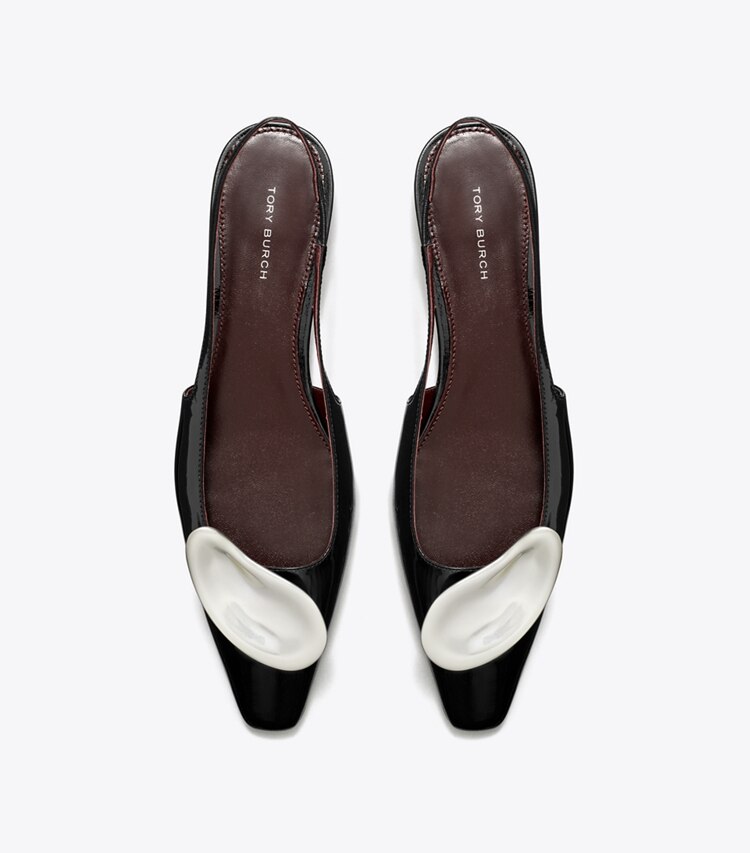 Tory Burch designer フラット パトス スリングバック in PERFECT BLACK / SILVER オーバーヘッド
