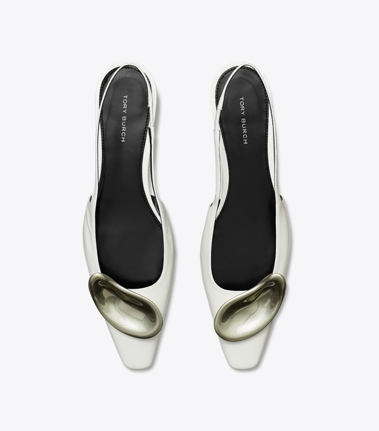 Tory Burch designer flats Patos Slingback in CLOUD / SILVER angle