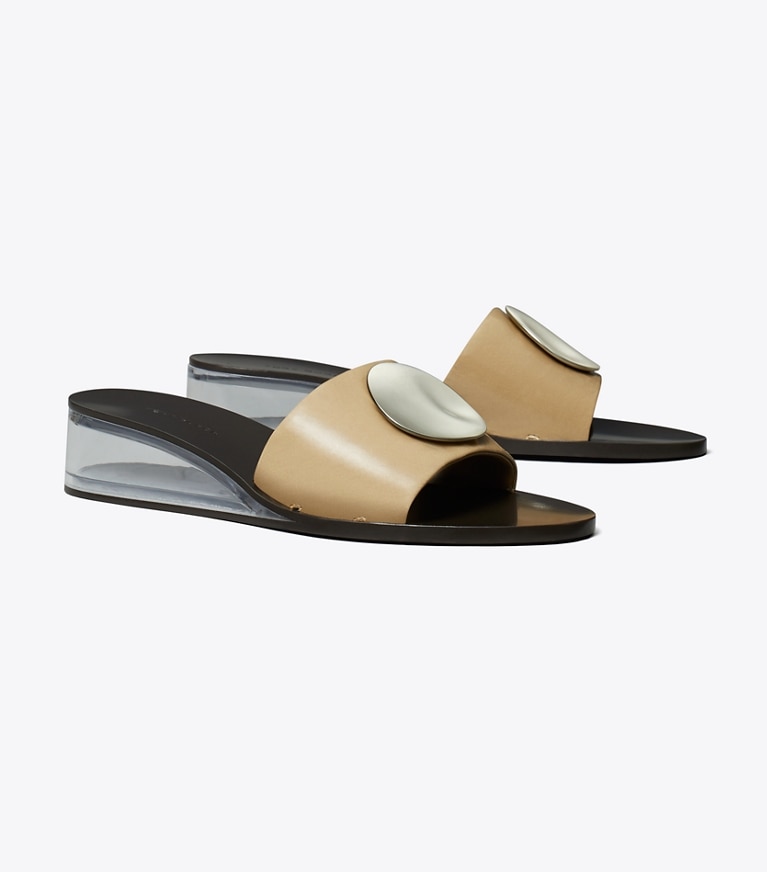 Tory Burch designer sandals Patos Wedge Slide in CHATEAU GRAY / SILVER angle