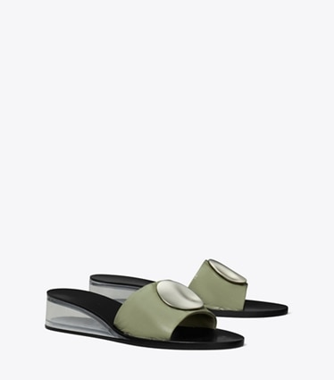 Tory Burch designer sandals Patos Wedge Slide in LIGHT JADE / SILVER angle
