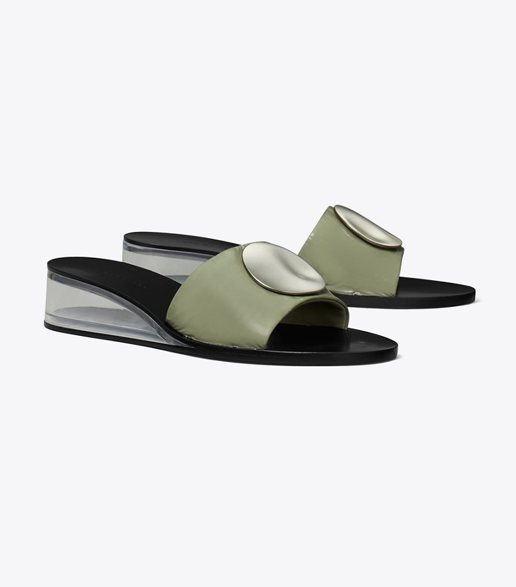 Tory Burch designer サンダル パトス ウェッジスライド in LIGHT JADE / SILVER angle