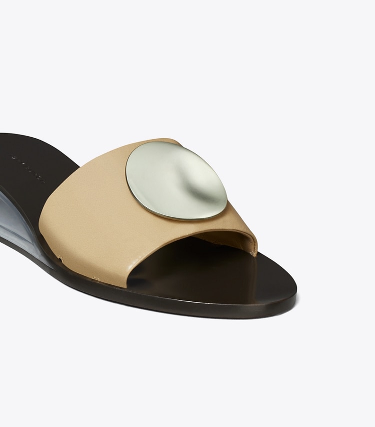 Tory Burch designer sandals Patos Wedge Slide in CHATEAU GRAY / SILVER detail