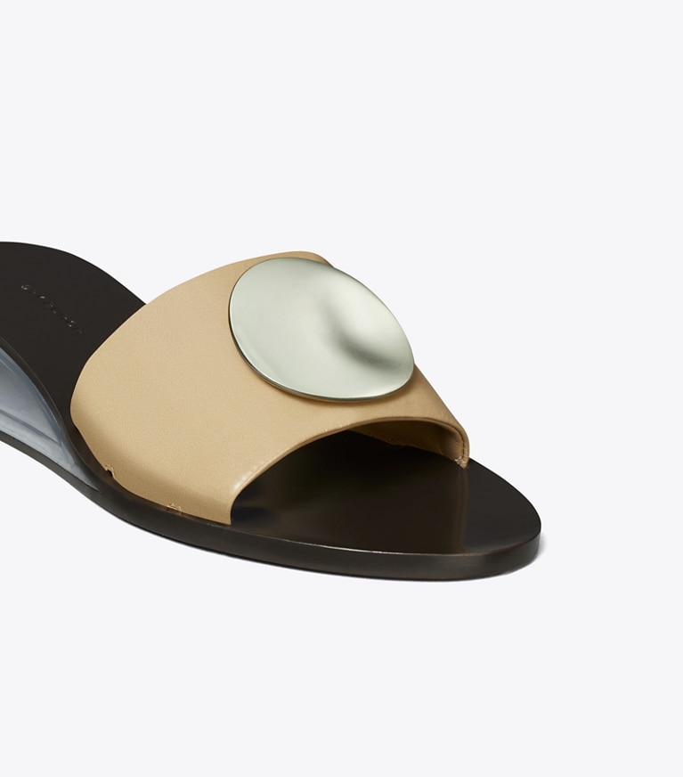 Tory Burch designer sandals Patos Wedge Slide in CHATEAU GRAY / SILVER angle