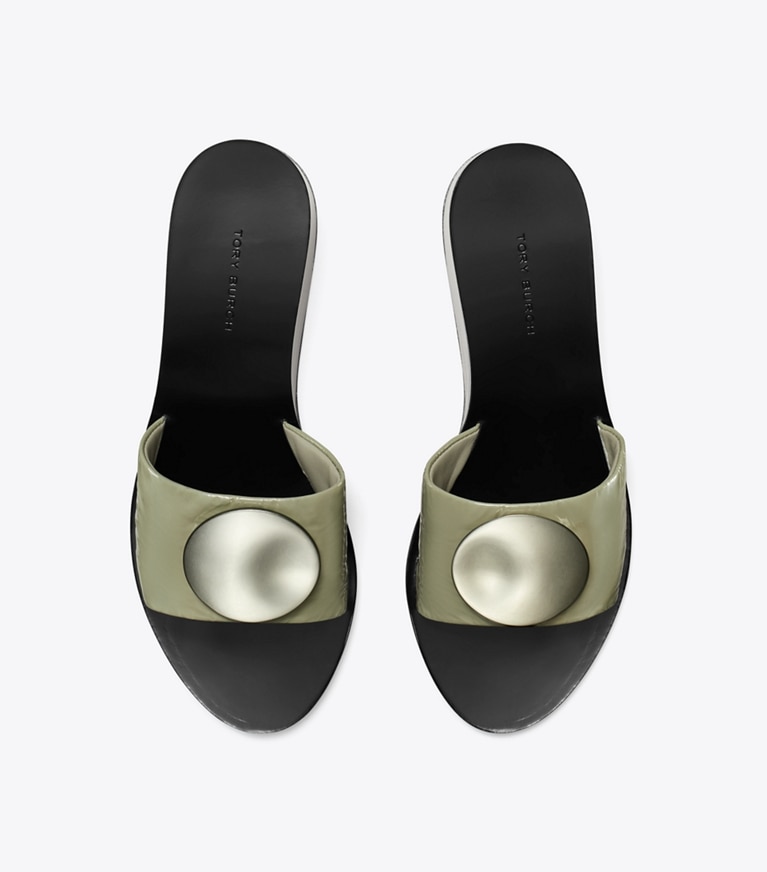Tory Burch designer サンダル パトス ウェッジスライド in LIGHT JADE / SILVER angle