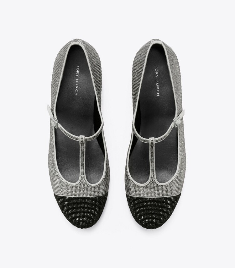 Tory Burch designer loafers Pavé-Ballerina mit Zehenkappe, T-Riemchen und Absatz in LAPIS GRAY / BLACK DIAMOND von oben