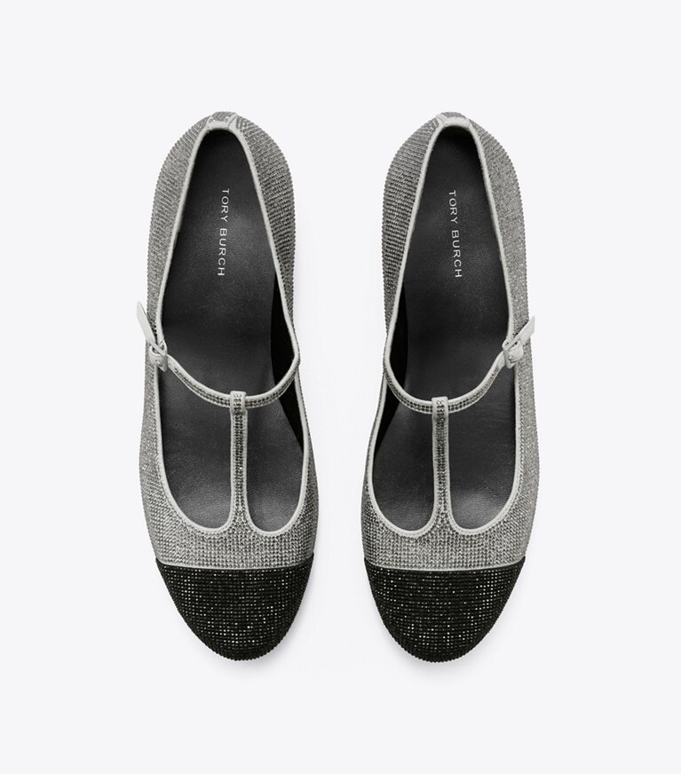Tory Burch designer loafers Pavé-Ballerina mit Zehenkappe, T-Riemchen und Absatz in LAPIS GRAY / BLACK DIAMOND angle