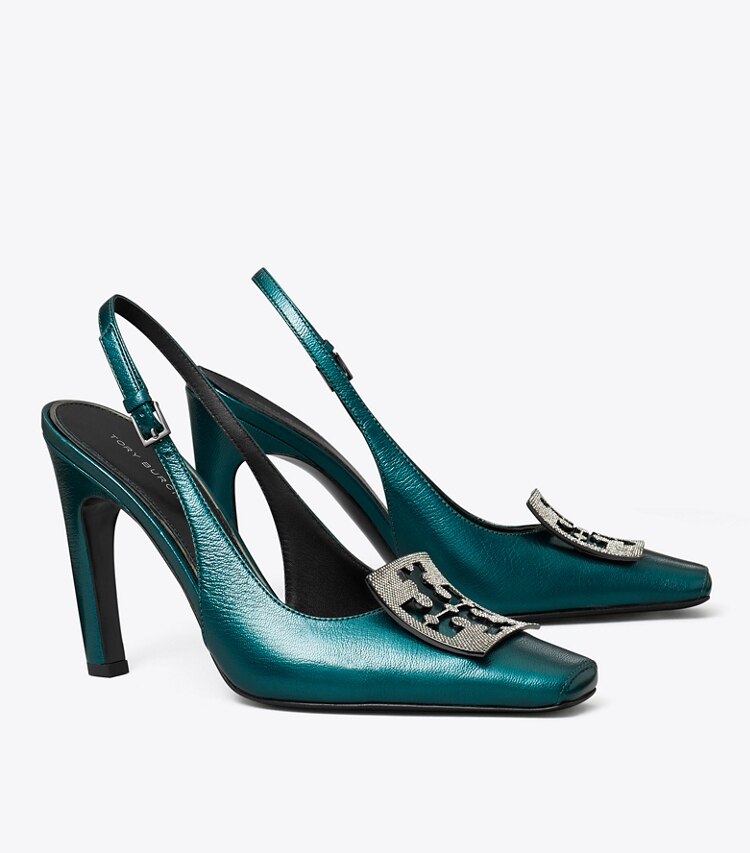 Tory Burch designer scarpe con tacco Pavé Cut-Out Logo Slingback Heel in TEAL GREEN angle