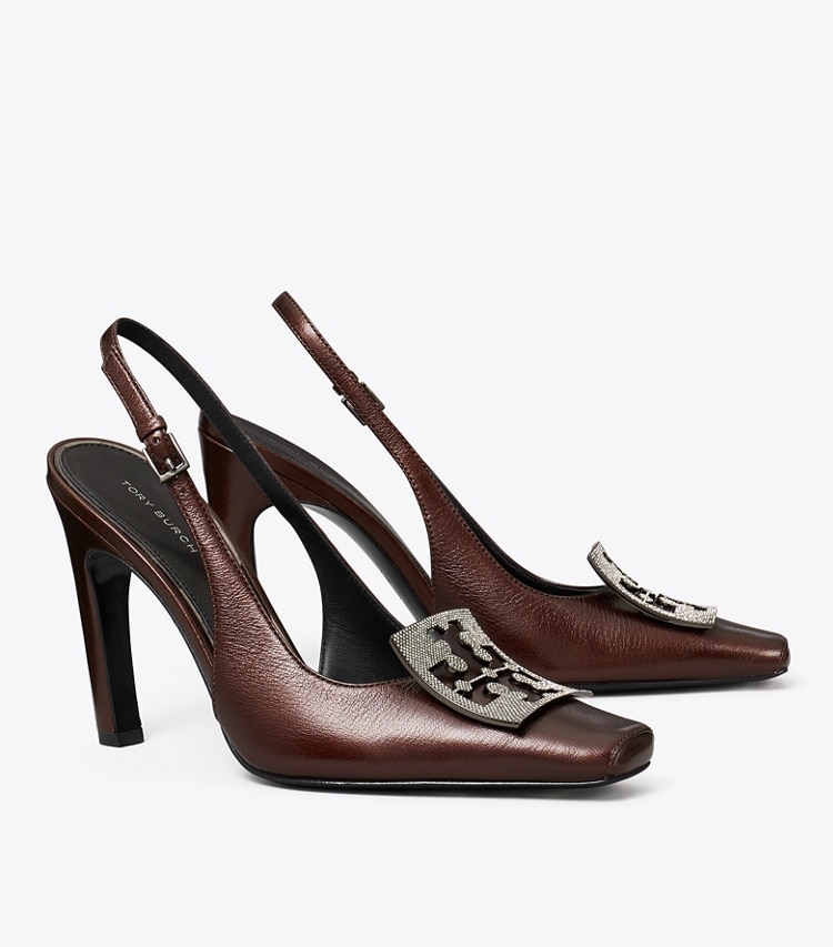 Tory Burch designer heels Pavé Cut-Out Logo Slingback Heel in BLACK CHERRY angle