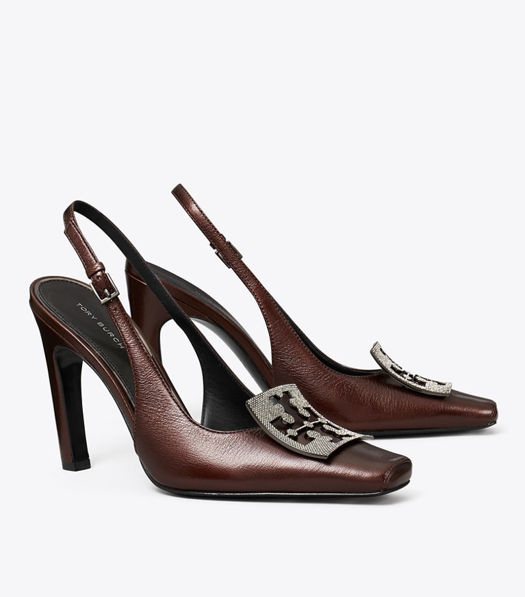 Tory Burch designer heels Pavé Cut-Out Logo Slingback Heel in BLACK CHERRY angle