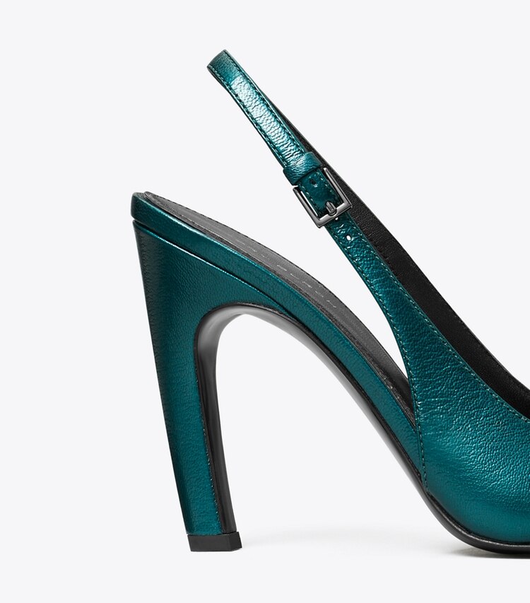 Tory Burch designer scarpe con tacco Pavé Cut-Out Logo Slingback Heel in TEAL GREEN dettaglio