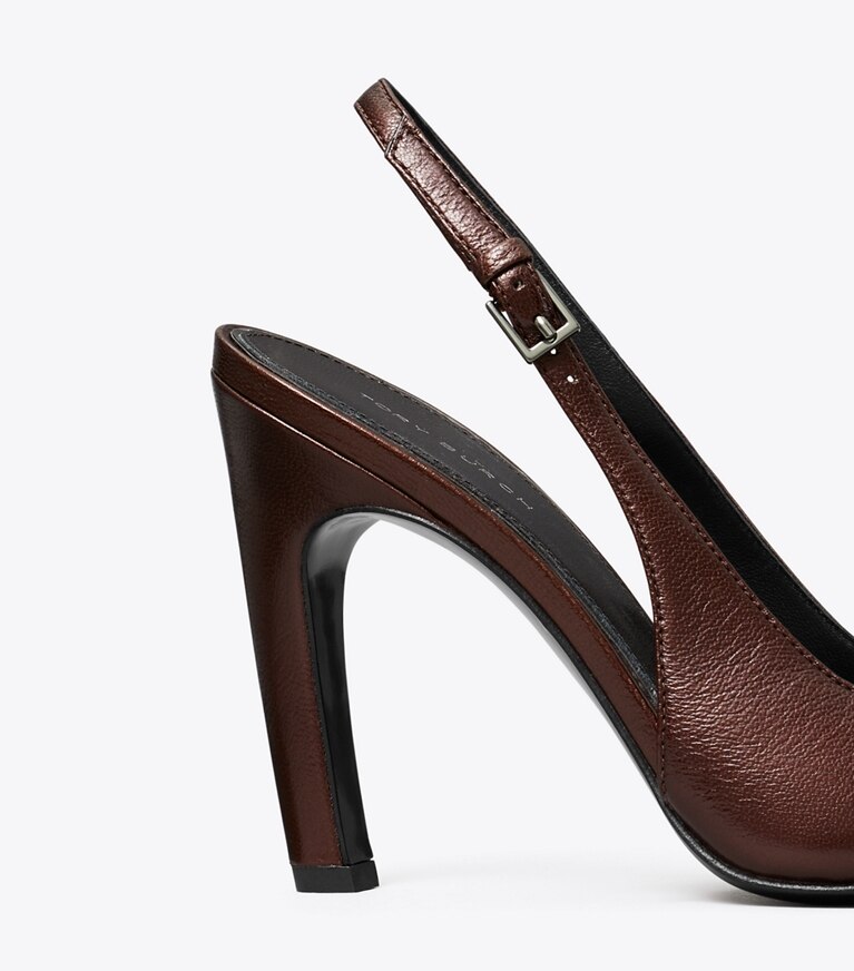 Tory Burch designer heels Pavé Cut-Out Logo Slingback Heel in BLACK CHERRY angle
