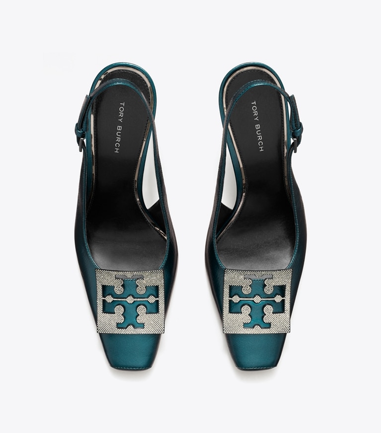 Tory Burch designer scarpe con tacco Pavé Cut-Out Logo Slingback Heel in TEAL GREEN angle