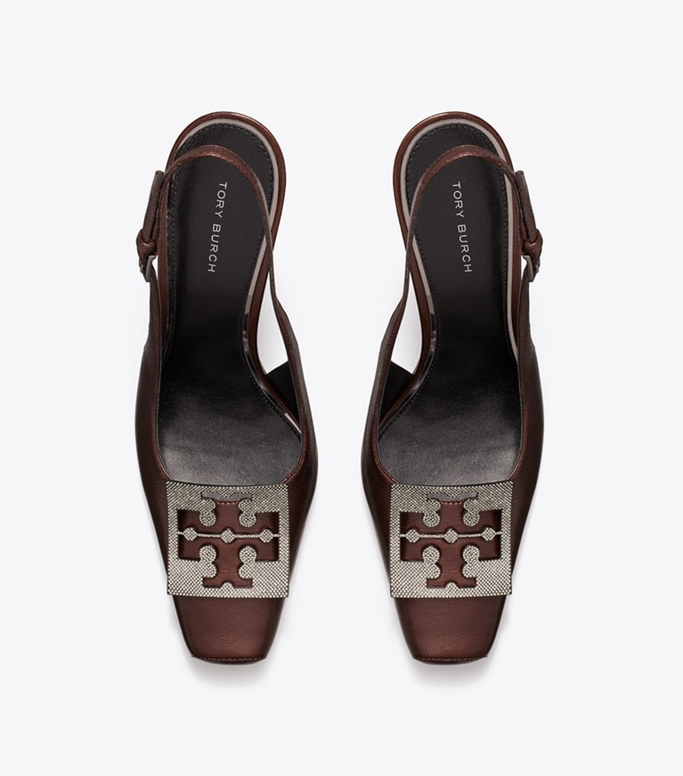 Tory Burch designer heels Pavé Cut-Out Logo Slingback Heel in BLACK CHERRY angle