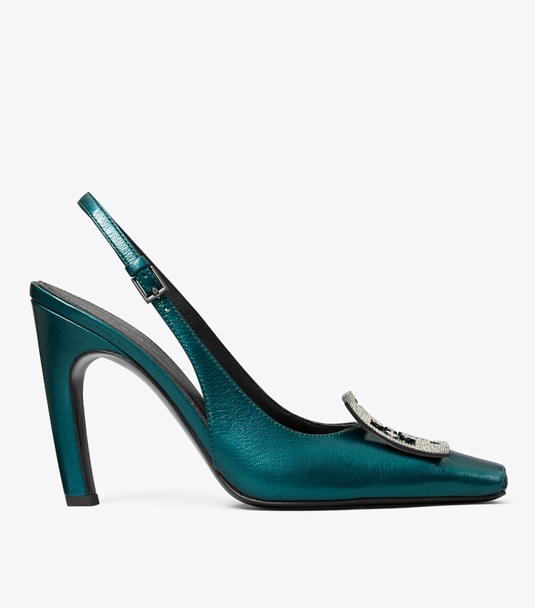 Tory Burch designer scarpe con tacco Pavé Cut-Out Logo Slingback Heel in TEAL GREEN angle