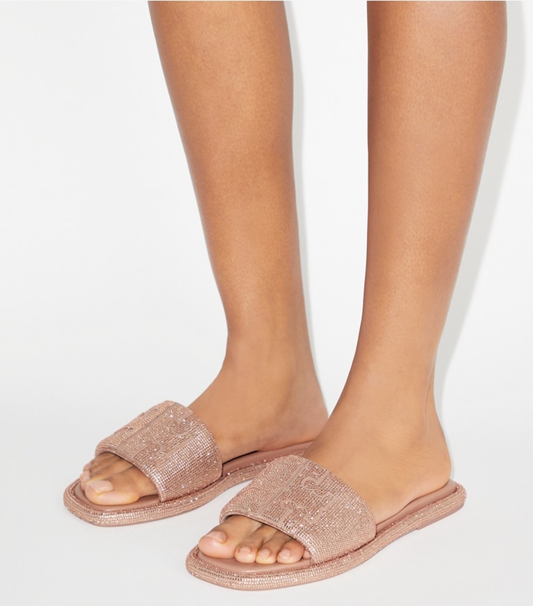 Tory Burch designer sandals Pavé Double T Sport Slide in MALVA / LIGHT PEACH angle