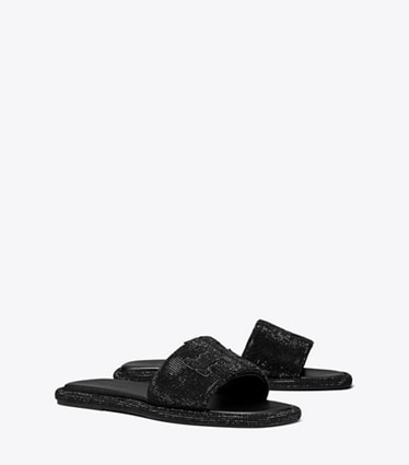 Tory Burch designer sandals Pavé Double T Sport Slide in PERFECT BLACK / JET angle