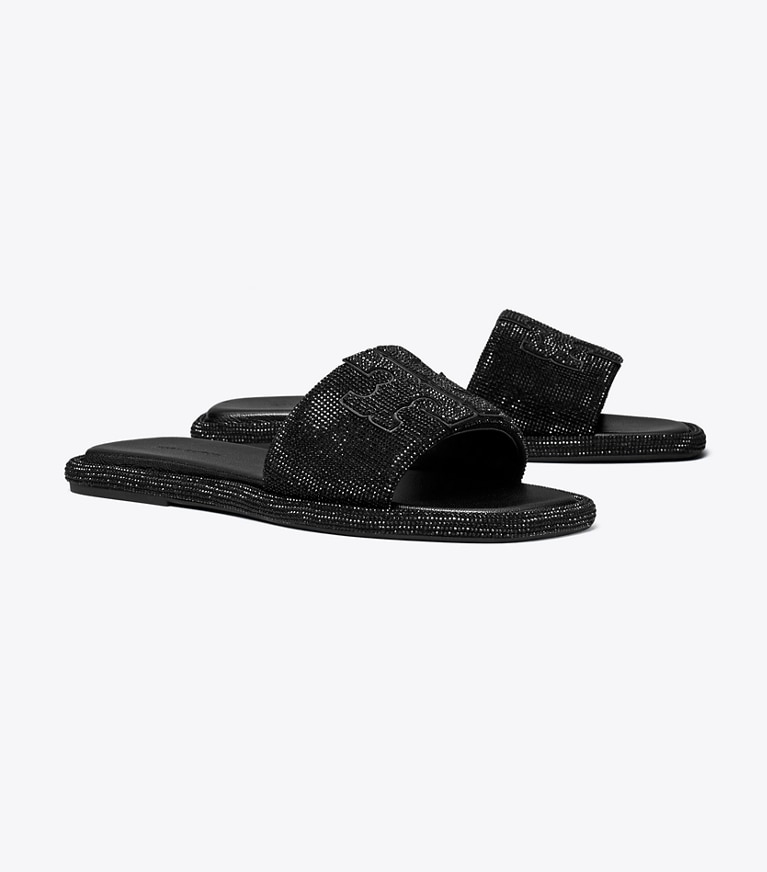 Tory Burch designer sandals Pavé Double T Sport Slide in PERFECT BLACK / JET angle