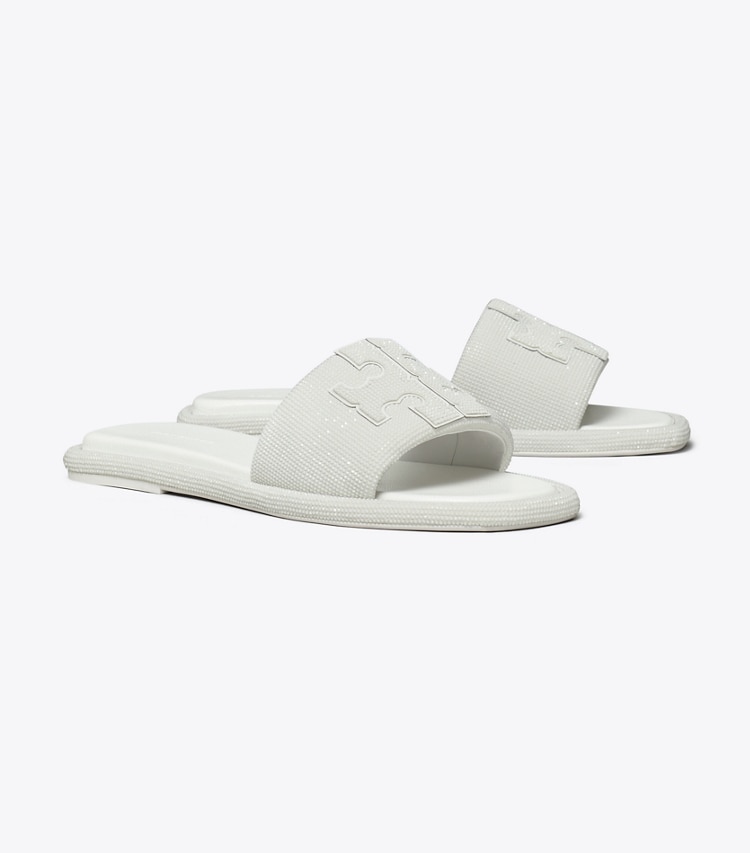 Tory Burch designer sandals Pavé Double T Sport Slide in OPTIC WHITE / WHITE angle
