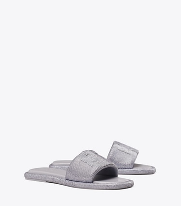 Tory Burch designer sandals Pavé Double T Sport Slide in VAPOR BLUE angle