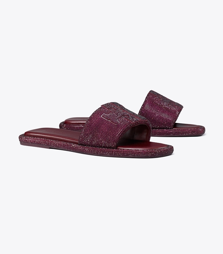 Tory Burch designer sandals Pavé Double T Sport Slide in DARK CARMINE / BURGUNDY angle