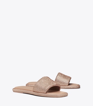 Tory Burch designer sandals Pavé Double T Sport Slide in MALVA / LIGHT PEACH angle
