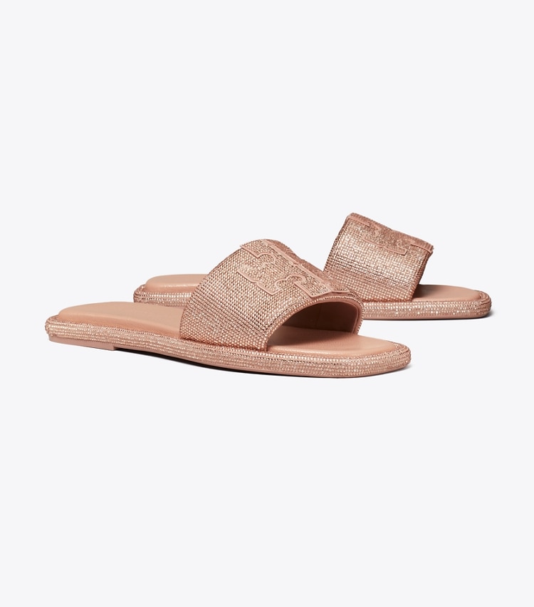 Tory Burch designer sandals Pavé Double T Sport Slide in MALVA / LIGHT PEACH angle