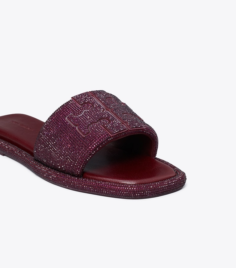 Tory Burch designer sandals Pavé Double T Sport Slide in DARK CARMINE / BURGUNDY detail