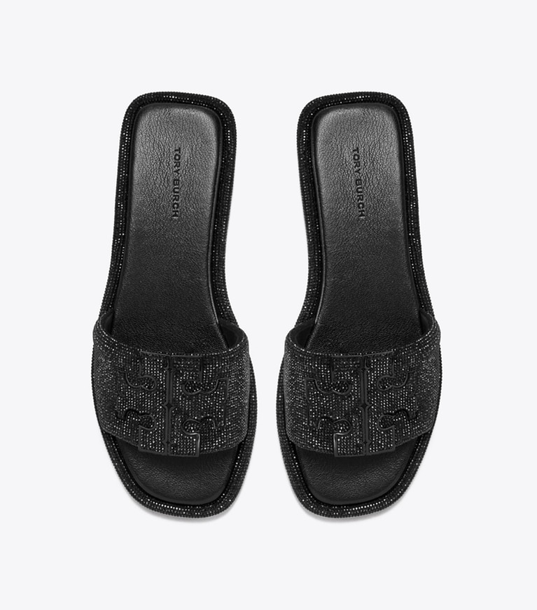 Tory Burch designer sandals Pavé Double T Sport Slide in PERFECT BLACK / JET angle
