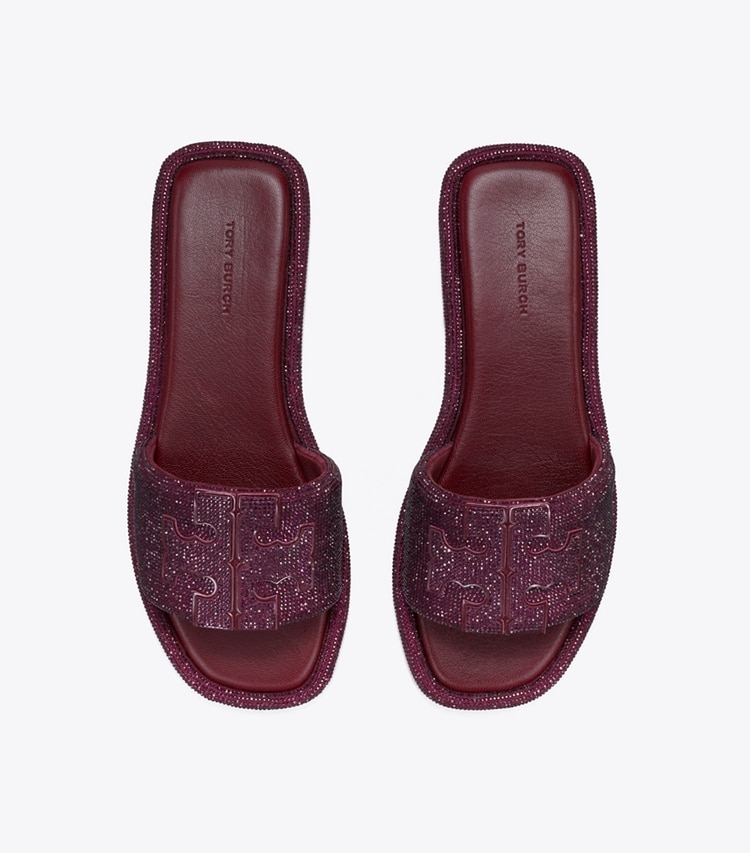 Tory Burch designer sandals Pavé Double T Sport Slide in DARK CARMINE / BURGUNDY overhead