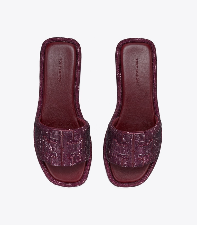 Tory Burch designer sandals Pavé Double T Sport Slide in DARK CARMINE / BURGUNDY overhead